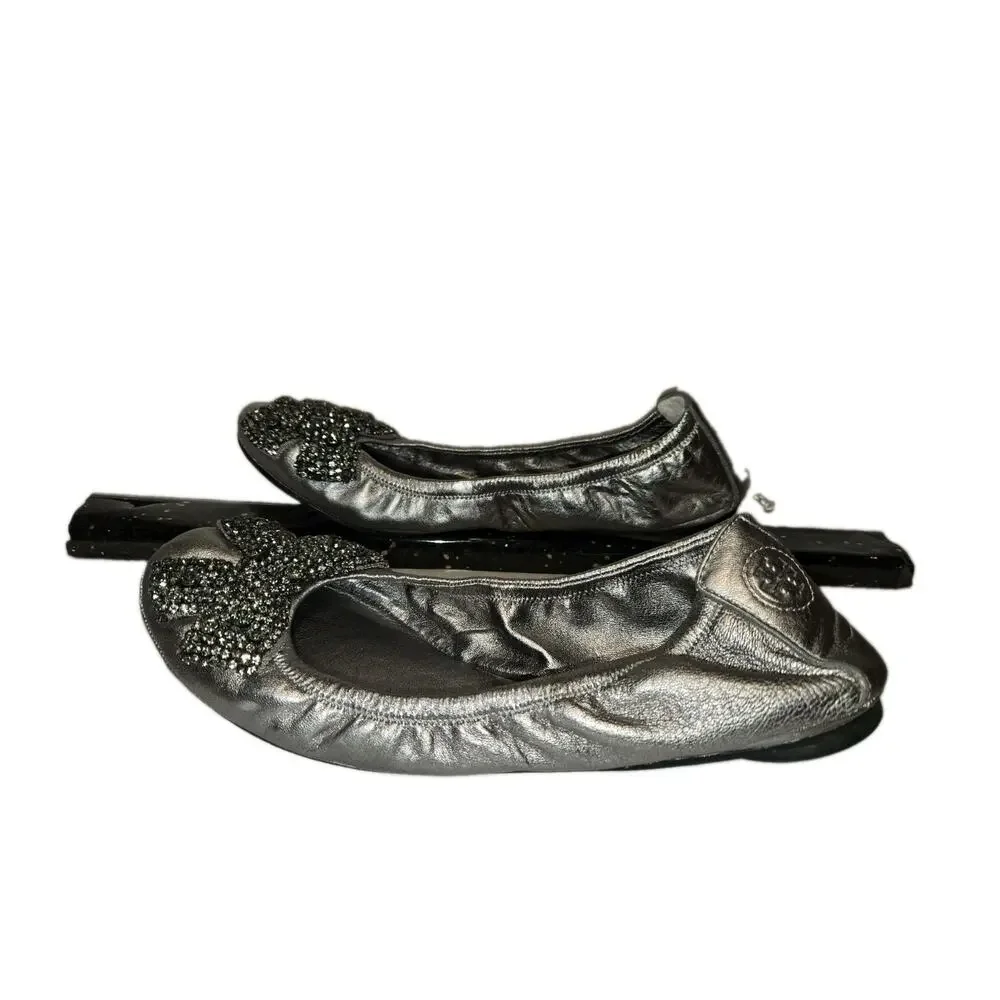 Tory Burch Eddie Pewter Leather Rhinestone Bow Ballet Flats Size 10 coquettecore